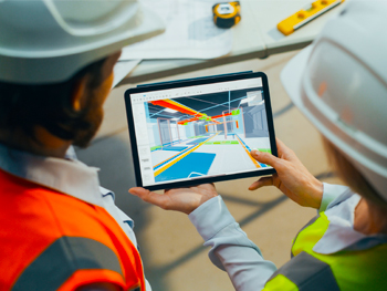 Two electrical engineers wearing safety hats reviewing designs on a tablet
